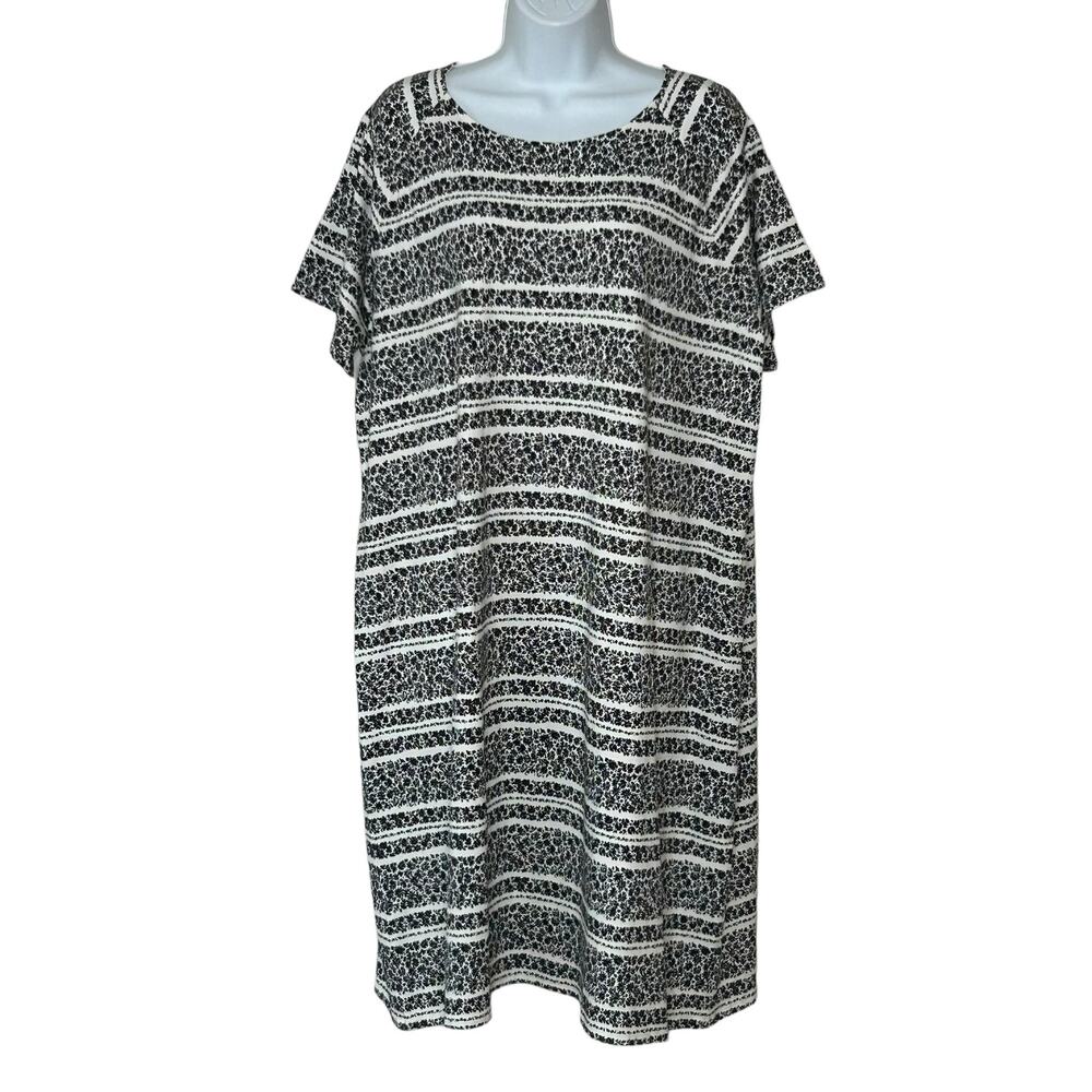 J Jill Wearever Collection Shift Dress Size L Cream Black Ditsy Floral Modest